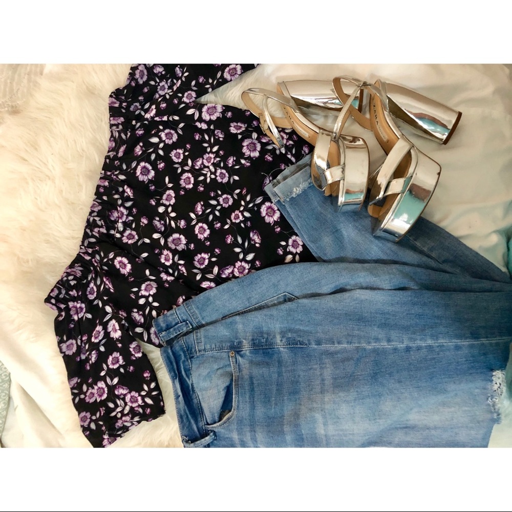 Black off-shoulder shirt w/ purple flowers